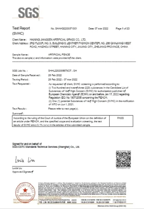 Reach Test Certification for Synthetic Turf Roll Reach Test Certification for Synthetic Turf Roll